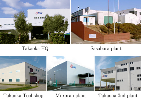Takaoka HQ, Sasabara plant, Takaoka Tool shop, Muroran plant, Takaona 2nd plant